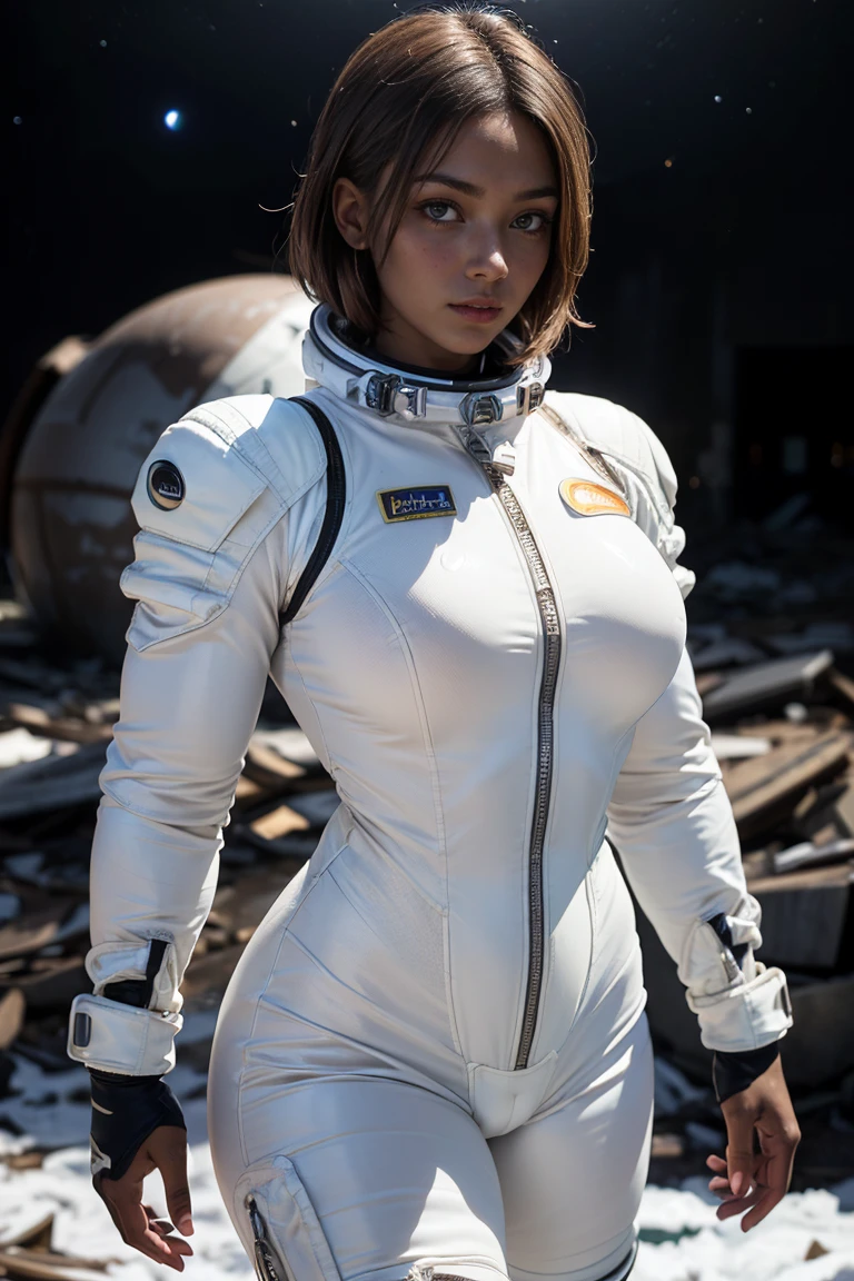 (Muscular:2), (thick thighs:1), (large round breasts:1), (large muscular chest and shoulders:1.4), FEMALE, brown hair, long brown hair, (big smile:0), (wearing a tight white spacesuit:1.5), looking at viewer, (three quarter view:1.2), upper body view, (smoky derelict cold terrain at night:1.5), dark lighting, detailed skin, detailed eyes, (dark skin:1.4), (very thin waist:1.3), (huge round muscles:1.5),