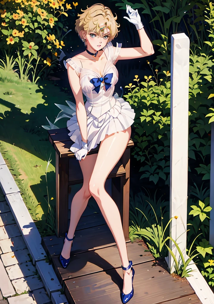 Sailor Uranus,One girl,Blonde,blue choker,Earrings,gloves,jewelry,Magical girl,plant,Sailor Uranus,Sailor Uranus,short hair,alone,star choker,tiara,((very short hair)),white gloves,masterpiece、Highest quality、High resolution、High-quality images、8K, 1 female、Skin luster、Skin Texture、Expression of fine eyes, realism, detailed manga style, Manga art style, Perfect Line Drawing, Beautiful line art, digital manga art girl, clear, charm, ((naked,:1.5)), ((squat:1.3)), ((spread legs:1.3)), Put your hands together above your head