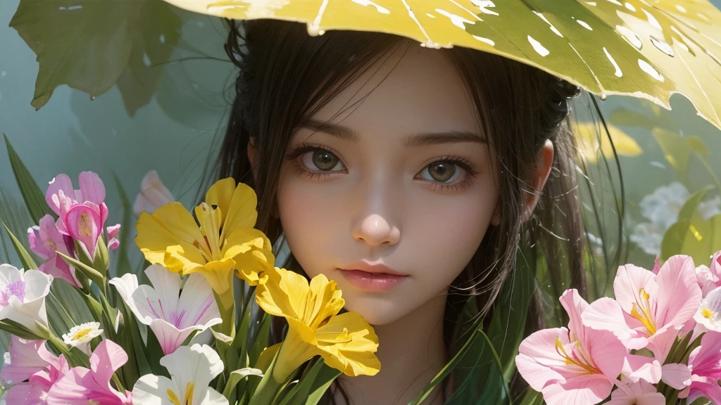 32k, Masterpiece, Highest quality, One girl, Detailed eyes, flower,gladiolus, Yellow and pink style,A dreamy, romantic piece,Pale yellow, Mysterious Leaves,A playful arrangement,Fantasy,High Contrast,Ink strokes,explosion,Exposure, Impression of yellow and white tones,Abstract,((Watercolours by John Berkey and Jeremy Mann )) Brush strokes,Negative Space, Tyndall effect,