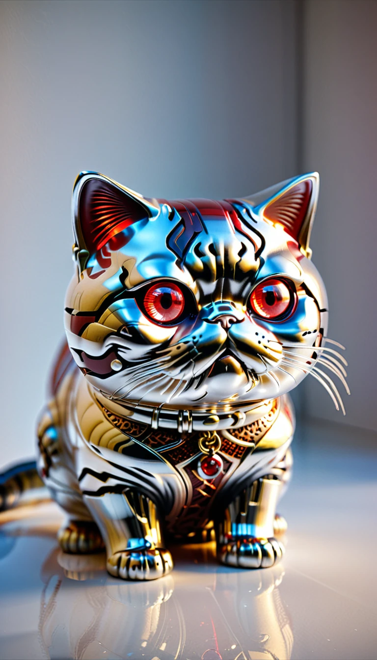 There is no one, realistic photo, realism, Exotic Shorthair (Exotic Shorthair) cat, future oriented, metal decoration, Shining red light inside, hollow interior, Polish, ray tracing, perfect composition, intricate details, Very sharp, masterpiece, profile, high resolution