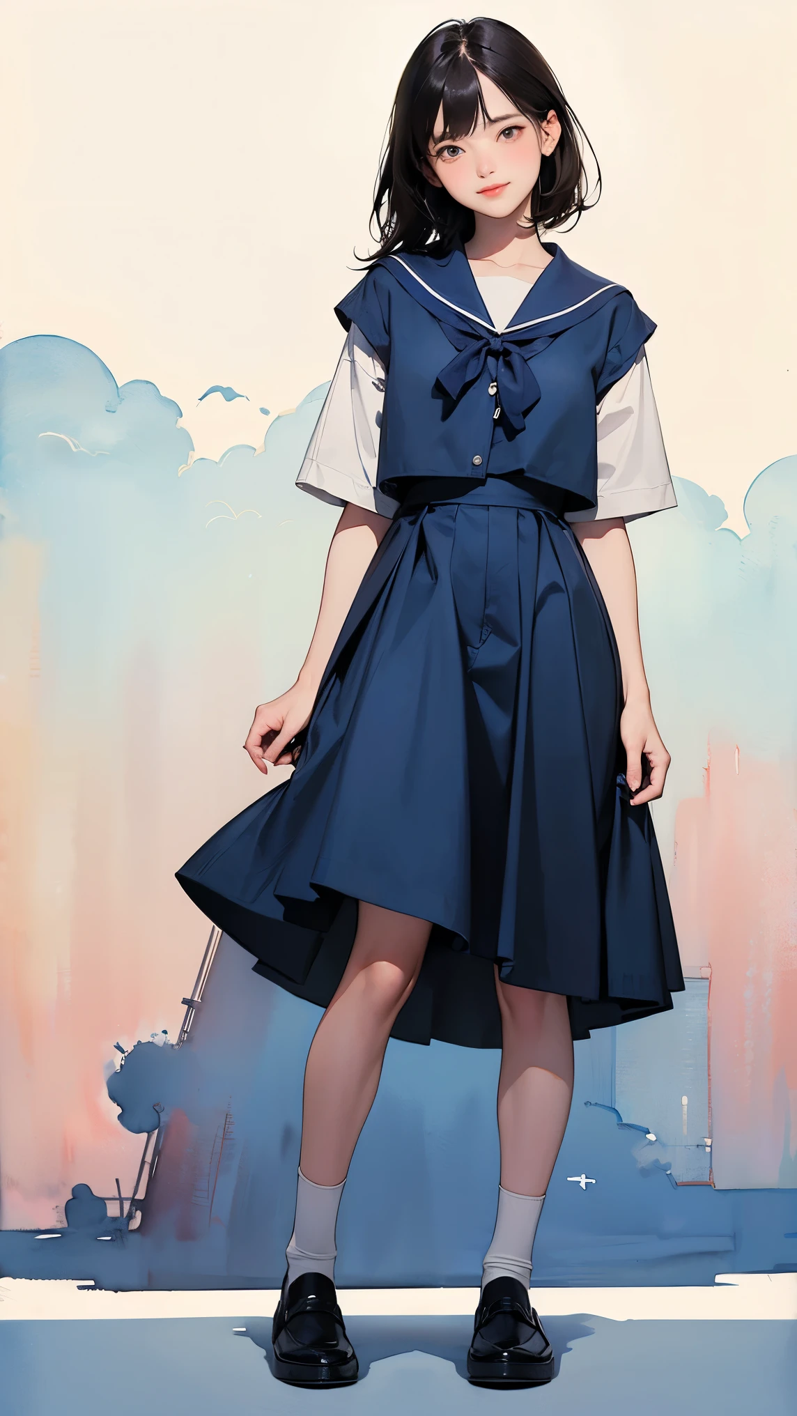 (1 Girl、alone、whole body、natural standing posture)、(Standing casually)、(whole body:1.4)、(whole bodyショーケース)、(whole bodyを見せる)、((Character Concept Art))、(Portraiture:1.2)、(Detailed facial depiction、A kind smile)、Short dark brown hair、White Sailor Suit、Navy blue sailor color、uniform、skirt、プリーツskirt、shoes、loafers、(Vintage、Classic)、((背sceneなし))、((白色の背scene))、背sceneをぼかす、(No logo)、((Watercolor of singer Sargent))、Impressionist style painting、(Highest quality、masterpiece)、scene)), ((無地の背scene)), (((空の背scene)))