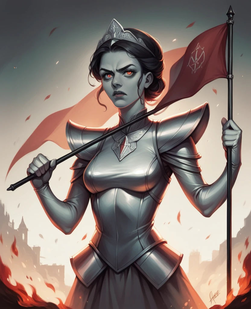 A woman in a French revolutionary dress, beautiful detailed eyes, beautiful detailed lips, extremely detailed face, long eyelashes, determined expression, holding a flag, standing in front of a burning city, dramatic lighting, oil painting, muted color palette, cinematic composition, masterpiece, 8k, photorealistic, digital art
