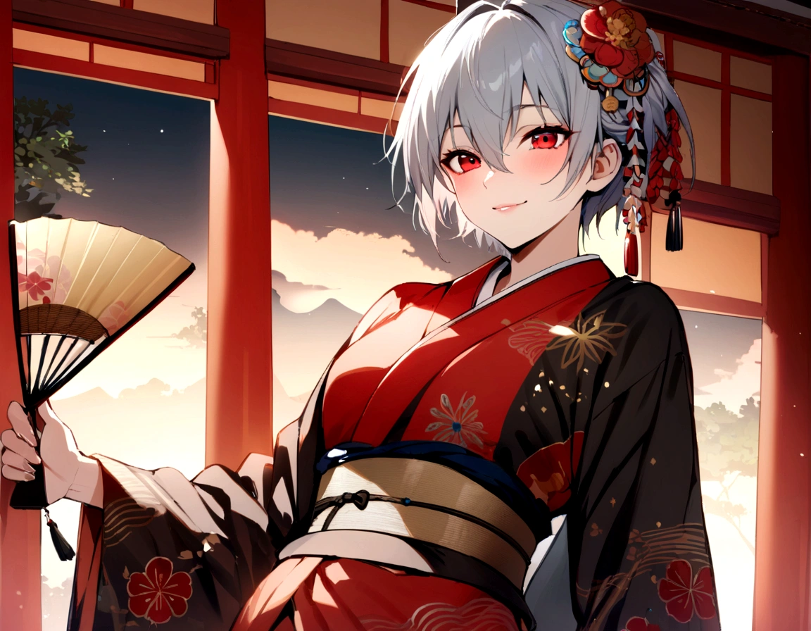 masterpiece, best quality, kaworu nagisa, cute, hot, elegant, seductive, red eyes, 1boy, ancient japan background, boy wearing female kimono, red decorative kimono, hair accessories, holding fan, smiling sweetly
