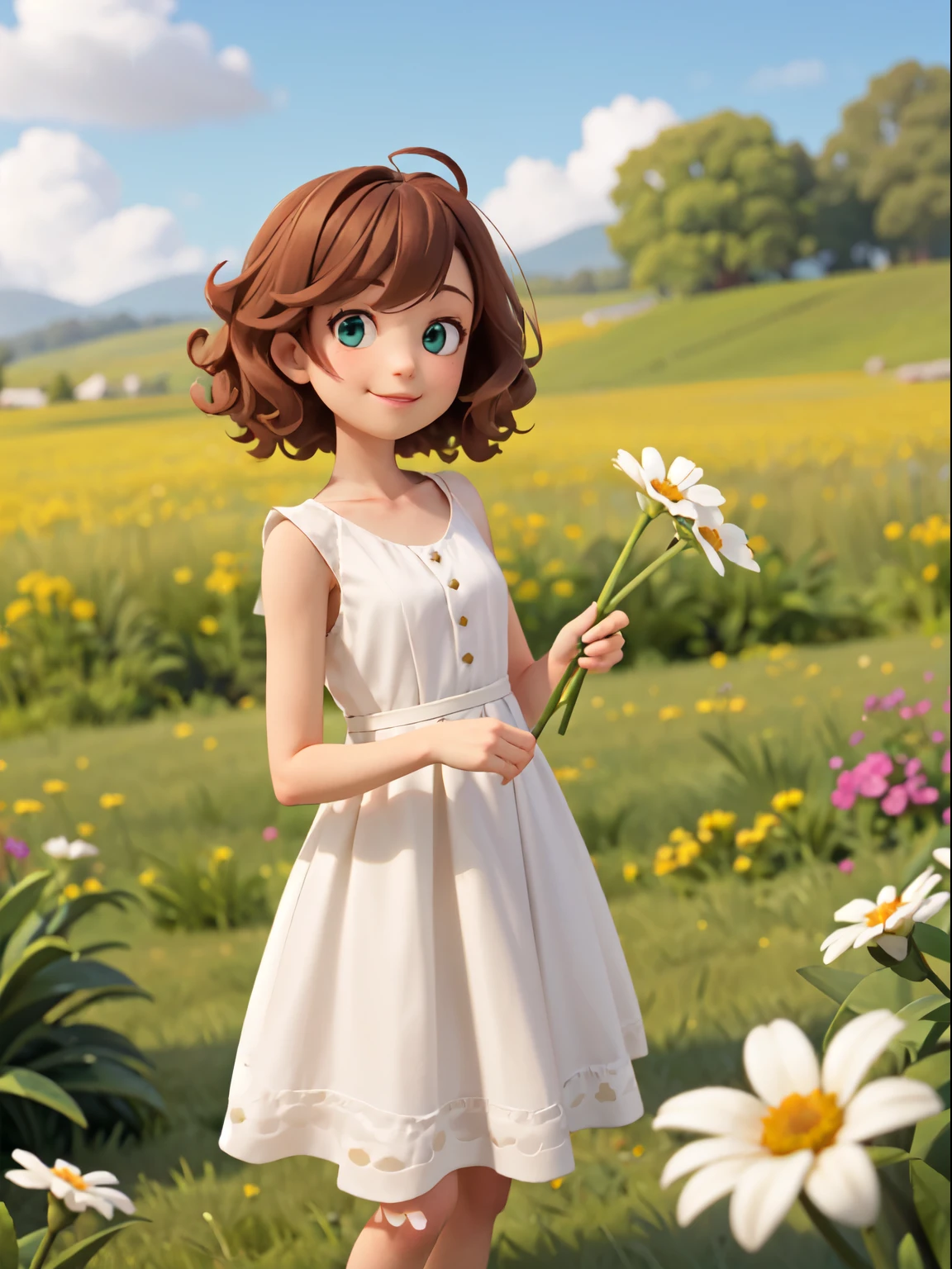 An adult female,Normal proportion,Looking straight at the camera,Holding a white flower in hand, Brown medium-length curly hair,Simple white dress,Solid color background,Sunshine on the face,Fair,Gentle smile, bright,Bright green,whole body,Studio Gippley style,Miyazaki style,2.5D,Game texture,lifelike,4K