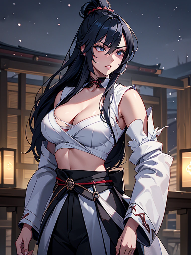 a female samurai, beautiful detailed eyes, beautiful detailed lips, extremely detailed face, long eyelashes,hyper realistic lighting,(super detailed:1.3),((best quality:1.2)),((masterpiece:1.2)),female focus,lonely beauty,(nighttime:1.6),(standing in a medieval europe castletown),cowboy shot,cleavage,((chest sarashi:1.125)),topknot,muted dark blue hair,white samurai coat,(black samurai pants:1.3),(angry:1.1),(wearing one sleeve),(ripped sleeve:1.4)