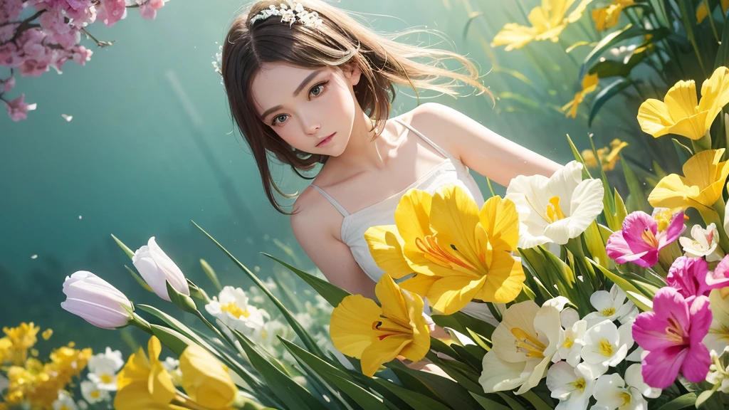 32k, Masterpiece, Highest quality, One girl, Detailed eyes, flower,gladiolus, Yellow and pink style,A dreamy, romantic piece,Pale yellow, Mysterious Leaves,A playful arrangement,Fantasy,High Contrast,Ink strokes,explosion,Exposure, Impression of yellow and white tones,Abstract,((Watercolours by John Berkey and Jeremy Mann )) Brush strokes,Negative Space, Tyndall effect,