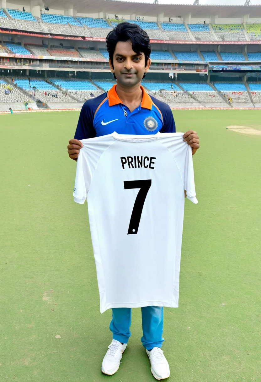20 year boy,holds a cricket bat,worn a Indian cricket team tshirt with name ' PRINCE '
,jersey number 7 , front view,black hair,in stadium,on pitch