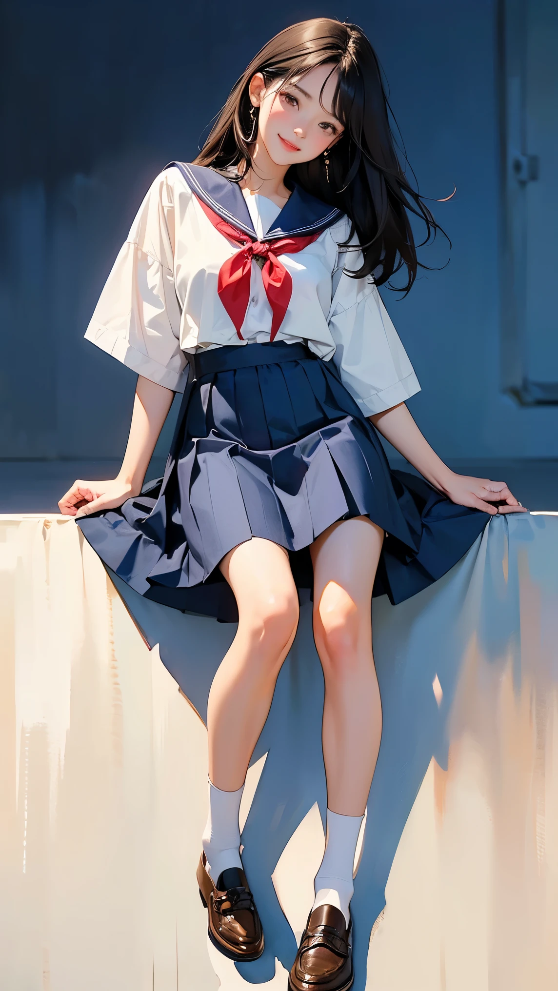 (1 Girl、alone、whole body、natural standing posture)、(Standing casually)、(whole body:1.4)、(whole bodyショーケース)、(whole bodyを見せる)、((Character Concept Art))、(Portraiture:1.2)、(Detailed facial depiction、A kind smile)、Short dark brown hair、White Sailor Suit、Navy blue sailor color、uniform、mini skirt、Pleated skirt、shoes、loafers、(Vintage、Classic)、((背sceneなし))、((白色の背scene))、背sceneをぼかす、(No logo)、((Watercolor of singer Sargent))、Impressionist style painting、(Highest quality、masterpiece)、scene)), ((無地の背scene)), (((空の背scene)))