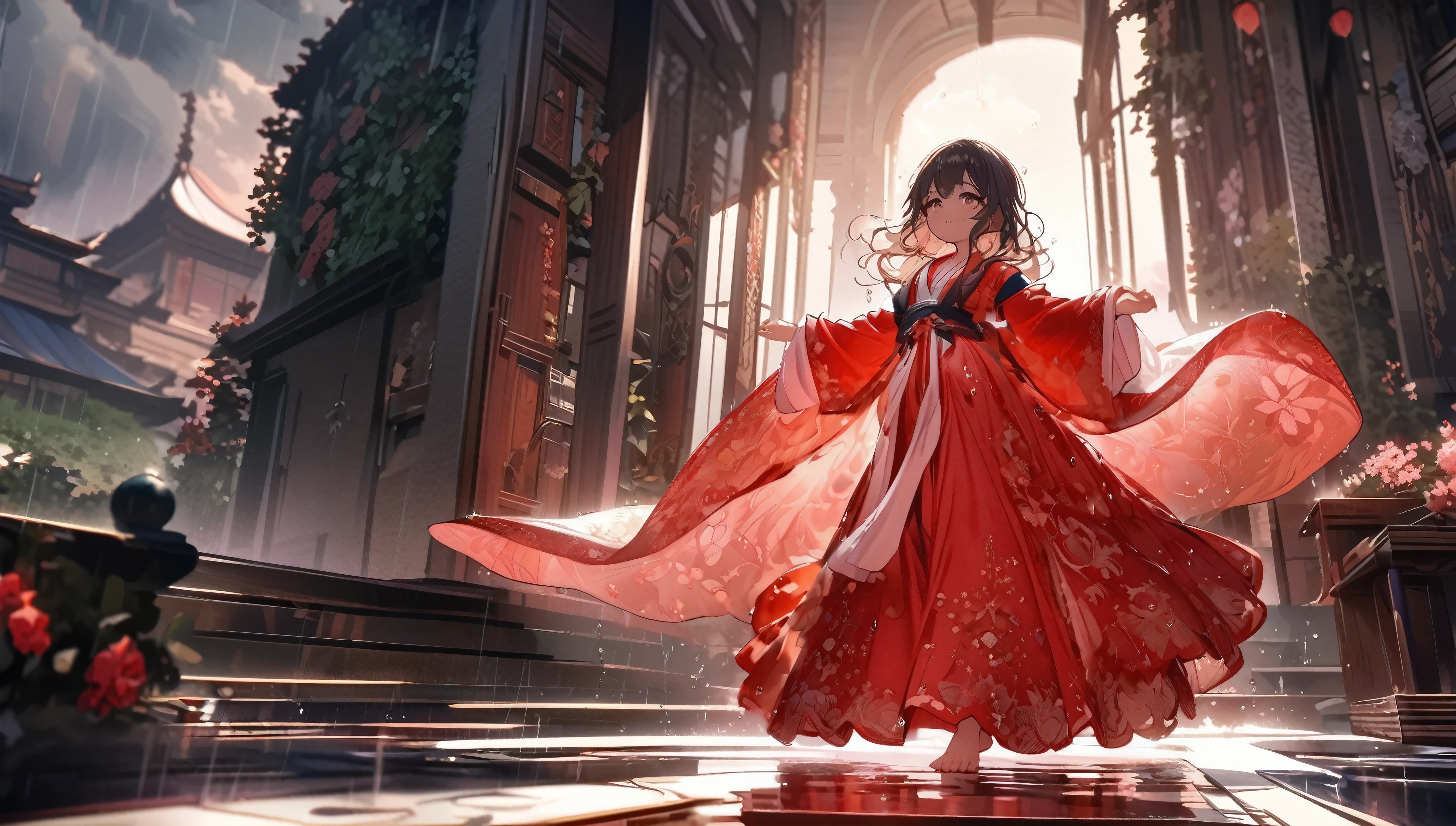 (full body), (solo), (A :1.2), (very young little girl), l, (small breas(wide angle), raw photo, Aesthetic, Convoluted, Awarded, chiaroscuro, Best Quality, Detailed background, (Misty atmosphere:1.2), (hard rainy day:1.1),((Girl in red very long hanfu:1.2)), large red silk hanfu, long red hanfu with a silk texture, best wrinkles, real wrinkles, best shadows, (wet, wet body, wet hair, wet skin, very wet red hanfu, reflection on the wet hanfu, delicate cherry blossom embroidery, subtle water droplets:1.15), (water spray:1.1), The downpour cascades from the heavens, each droplet a crystal bead against the backdrop of the dusky sky. The little girl, a vision in scarlgracefully, her red long dress adorned with intricate golden patterns that shimmer in the rain's soft light. The fabric, once crisp and structured, now clings to her form, revealing the contours of her youthful silhouette. Her hair, once neatly styled, now falls in damp strands around her face, framing her features with a natural, wild beauty. The rain has washed away any semblance of artifice, leaving only the pure essence of her spirit exposed. Barefoot, her feet press into the cool, damp earth, each step a connection to the sacred ground beneath her. As she dances, her movements are fluid and free, a dance not of choreographed steps but of spontaneous expression. Her arms extend, hands gracefully tracing the air, as if drawing the raindrops into her orbit. The rain-soaked dress flows with her, the hem fluttering like wings as she spins, creating a halo of water around her. The scene is one of serene tranquility, yet there is an undercurrent of sacred power. The rain, the earth, the girl, all are part of an ancient ritual, a dance of life and renewal. The air is filled with the scent of wet earth and the faintest hint of something more—a hint of incense, perhaps, or the memory of prayers whispered long ago. This is a moment frozen in time, a snapshot of innocen