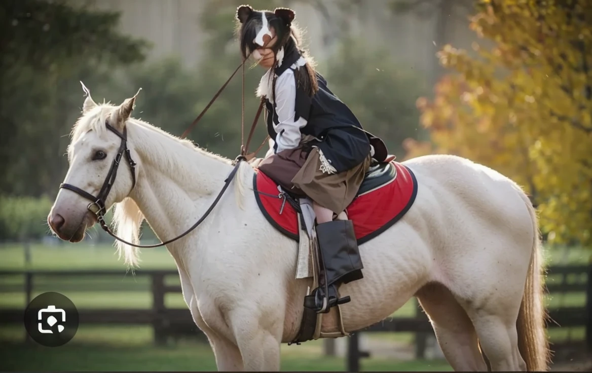 Make a drawing with a female opossum riding a horse