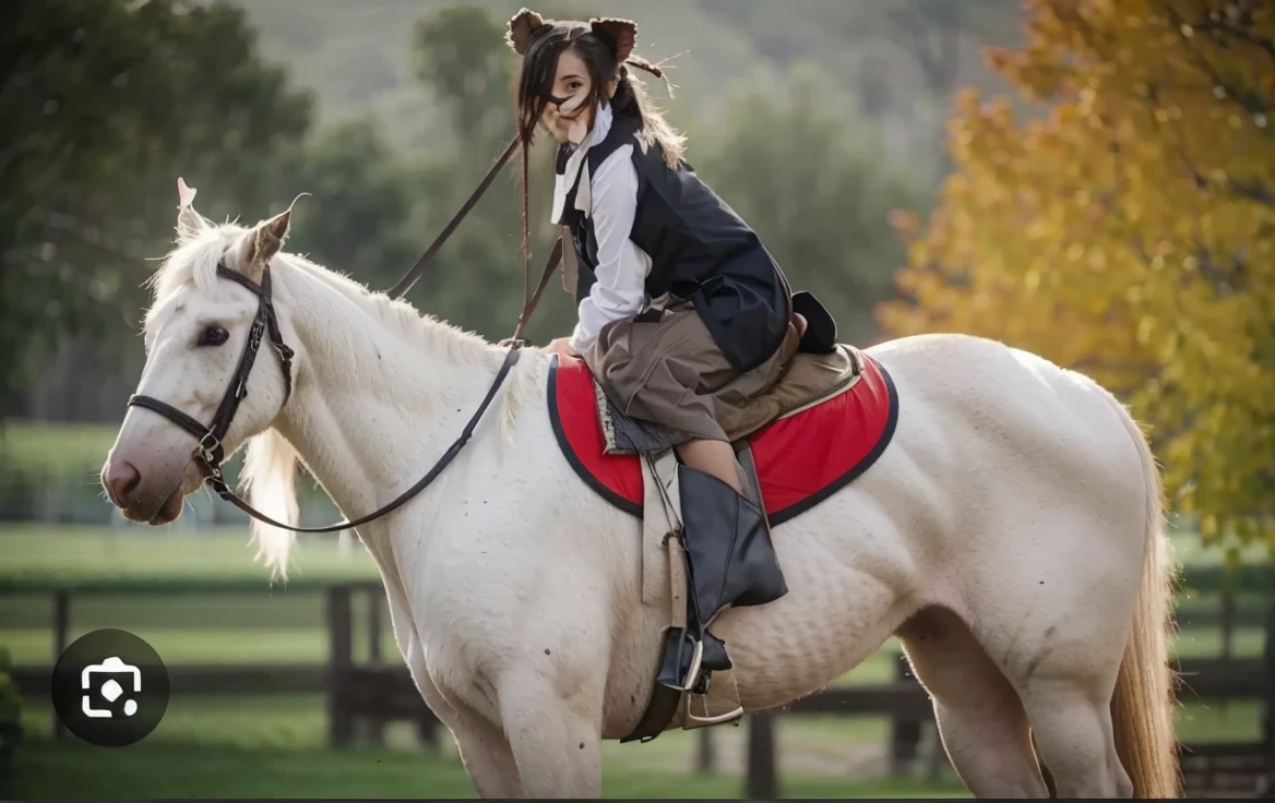 Make a drawing with a female opossum riding a horse 