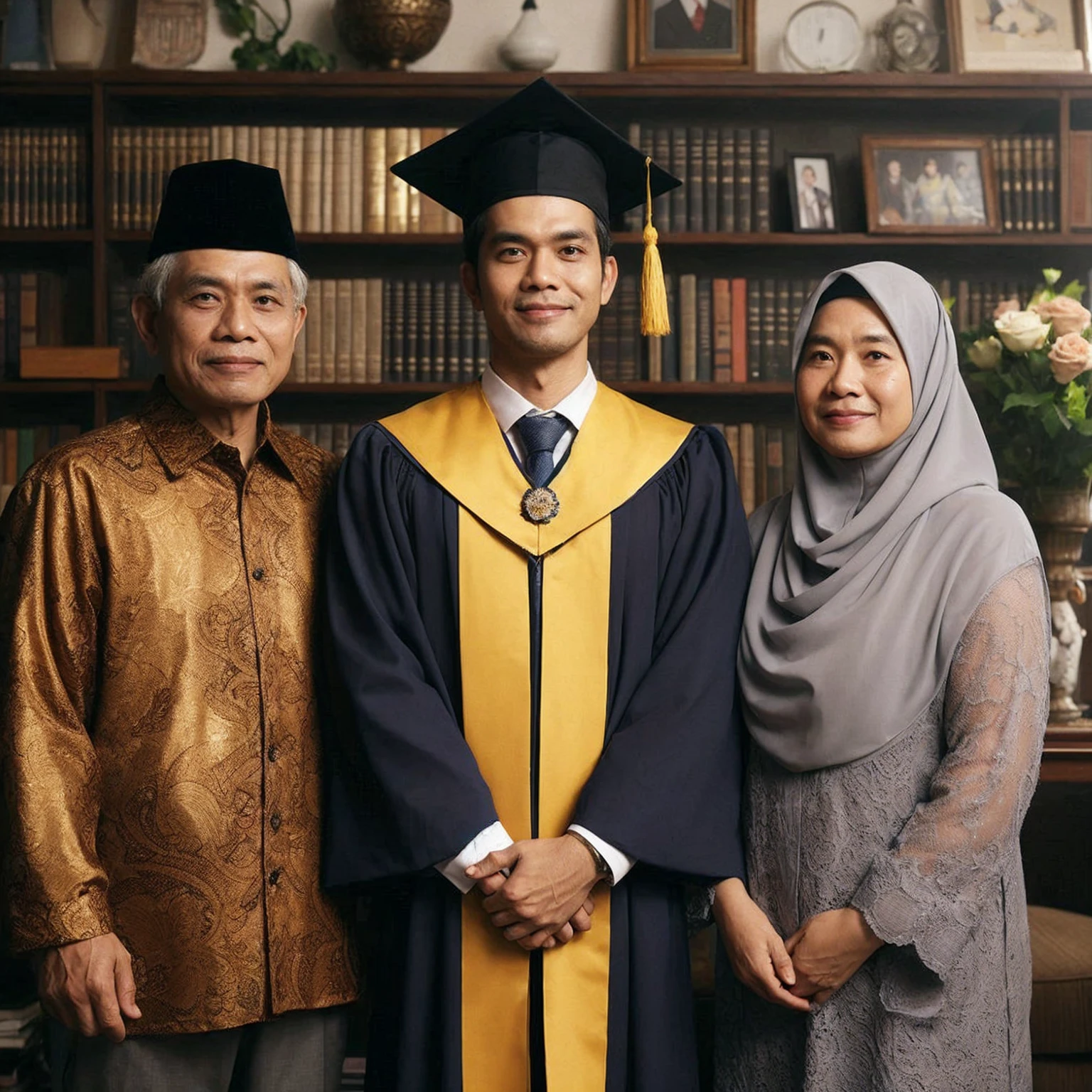 photo indoor, a 30 year old Indonesian man, wearing graduation cap, wearing yellow navy graduation gown, along with a man aged 55 clean face wearing kopiah and batik, and a woman aged 60 clean face with hijab long dress grey color, they standing pose, bookcase background with ornaments, there is a flower, rose, pot in table next to them, fresh saturation, HD, 8k, good lighting