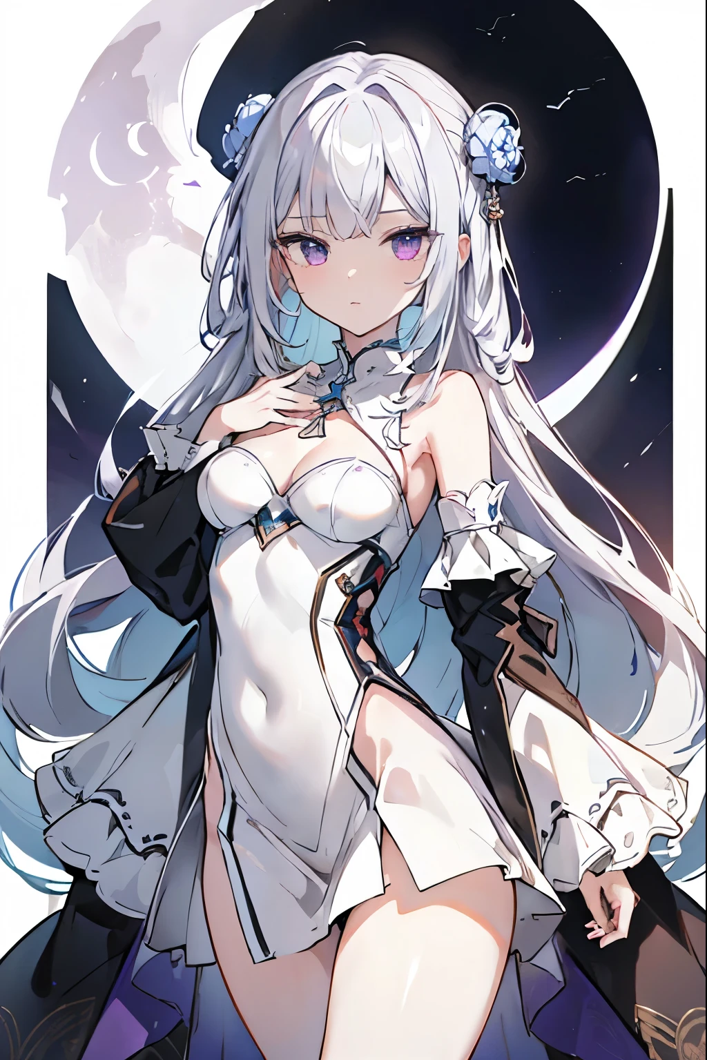 1girl, アニメ, cute girl, blank background, white background, fantasy, detailed fantasy dress with highlights, beautiful face, beautiful eyes, dark colors, black hair with multicolor streaks, red eye with different color pupil in eye, multicolor eye, medium breasts, slight cleavage, beautiful skin, cute, breast curtains, extremely delicate and beautiful, (beautiful detailed face:1.0), (detailed deep eyes), symmetrical breasts, deep eyes, shiny skin, portrait, slender waist, hips wider than shoulders, thighs, expressionless, young girl, luminous eyes, adorable，（Kpop idol）,（aegyo sal：1），（Platinum blonde hair：1），（（puffy eye）），Black panty，sexy posture，Superskirt, Ultra-high resolution，Black collar，slim figure, Abdominal y tattoo, womb tattoo，Tight-fitting leg ring，y tattoo on half-body，Bare skin, Armored hand，Hidden fingertips，Hand covered，Arm covered，Fist covered,{{beautiful detailed fingers}}, tufts of hair, moderate beautiful breast:1.0,(masterpiece:1.2), best quality, high-res, HDR, perfect face, intricate armor, delicate blue filigree, intricate filigree, red metalic parts, detailed part, dynamic pose, dynamic lights, cute face, neutral expression, shuimobysim, lotus, Hanfu, maxi skirt, dress conservatively 1girl, 独奏, long blue hair, standing, One lady,14years,((White hair) ,(Shiny purple bodysuit with microskirt),((Fantasy, Moon Night)), gradient_eyes,