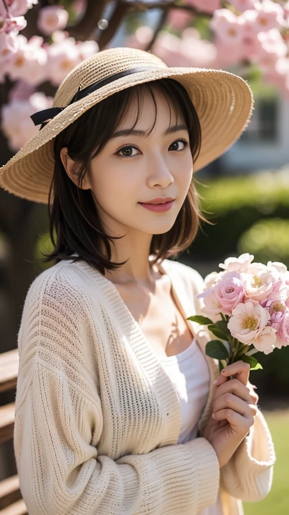 highres, realstick, {51-year-old woman}, Japanese, 163 cm, 57 kg, elegant, attractive, medium-length black hair, styled, intelligent eyes, kind smile, sophisticated, well-groomed, confident posture, dignified appearance, BREAK, spring casual, garden attire, floral dress, sun hat, comfortable shoes, pastel colors, light cardigan, relaxing, stylish, outdoors