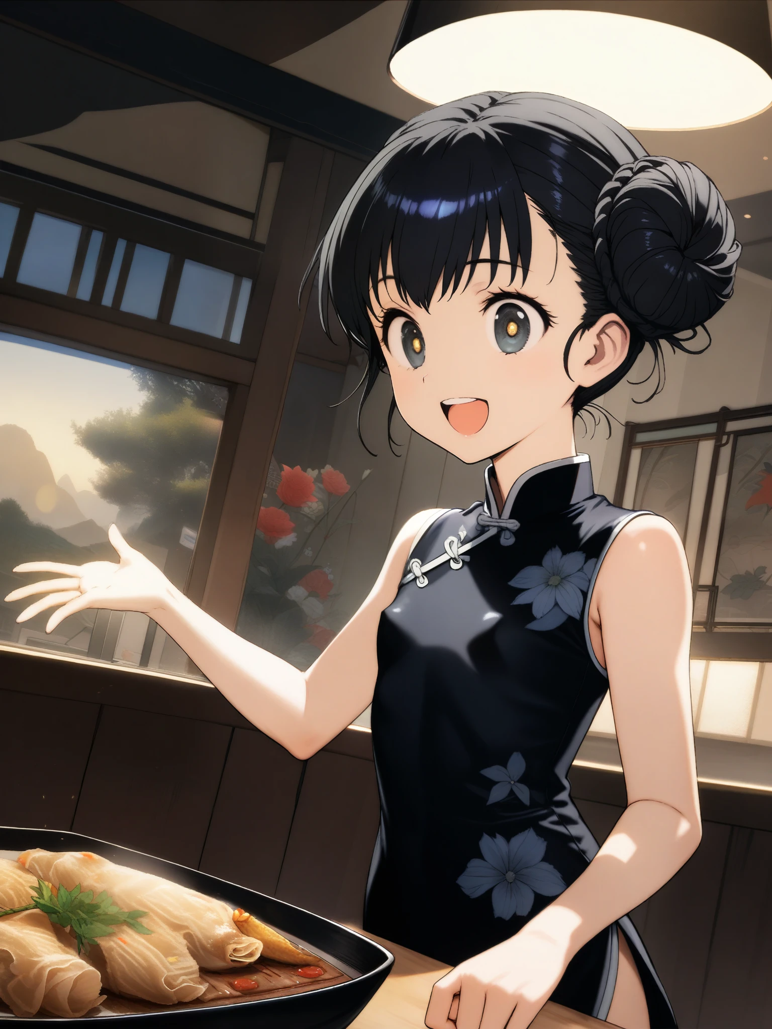 32k, best quality, ultra high res, HDR, UHD, extremely detailed CG, unity 32k wallpaper, (((masterpiece))), (((best quality))), (((ultra-detailed))), (((an extremely delicate and beautiful))), (((beautiful detailed eyes))), (((beautiful various flower background))), (smile), (((chinese restaurant))), ((((mini china dress)))), (((Chinese cuisine))), (((cute))), (((cute eyes))), (((open mouth laugh))), (((five fingers without defects))), (((bun hairstyle))), ((((glossy black hair)))), ((())), (((small tits))),(((32k))),