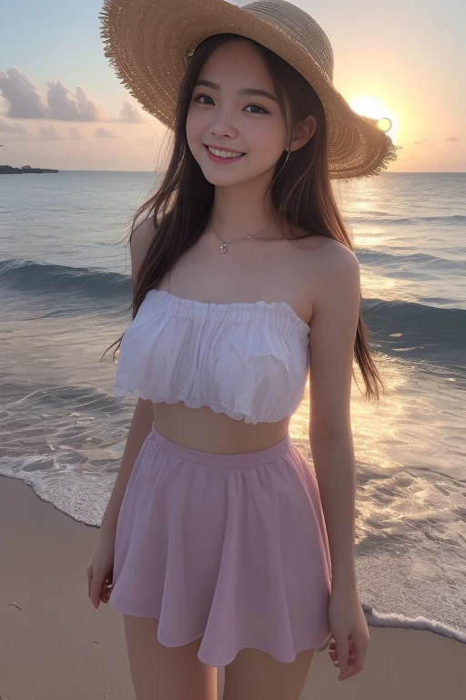 (8K, Highest quality, masterpiece:1.2), (Realistic, Realistic:1.37), Super detailed, 17 years old girl,cute,Alone,Beautifully detailed skies,date,(blush),(smile:1.3),(Mouth open)Small breasts,Beautiful attention to detail,(Long Hair: 1.2),Floating Hair NovaFrogStyle,( Whole body 1:2)、Tube top、Miniskirt、the wind is strong、Panty shot、Straw hat、Blonde、ponytail、Sunset on the beach、Playing in the sea、Hibiscus flower、information