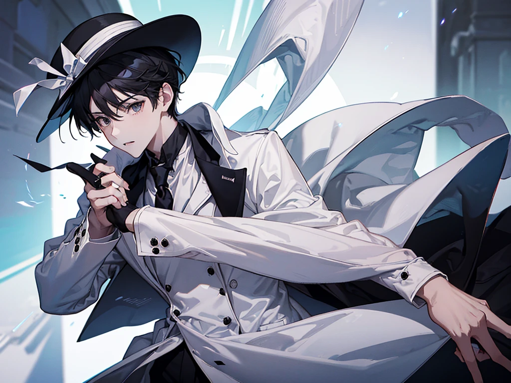 A boy,With a white hat, black hair, with a white coat and black t-shirt, white tie, time lord, masterpiece, handsome boy, cool baground