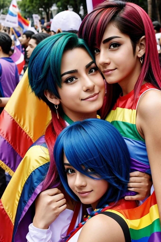 23 year old naked girl with colored hair , Gay pride , pride day, celebreting , cue , freckles in the face , madrid , real streets of madrid ,