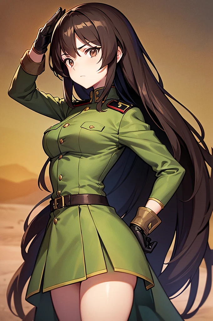 Content:
A black, adult female general with long brown hair and brown eyes. She has a mature face and is wearing a uniform loosely inspired by German military attire. She is saluting the camera with a confident and serious expression, her left hand behind her back.
Medium:
Digital art, anime illustration.
Style:
Pixiv contest winner, fine art, incorporating elements from historical military aesthetics and anime character design to emphasize a confident and mature look. Drawing style references from artists known for their strong, detailed character portrayals like Shigenori Soejima and Yoji Shinkawa.
Lighting:
Dramatic, with strong contrasts to highlight her authoritative presence and the details of her uniform. Subtle shadows add depth and realism, emphasizing her serious demeanor.
Colours:
A palette of military greens and browns, with subtle highlights to bring out the texture of the uniform and her facial features. The background is a desert setting, enhancing the military theme.
Composition:
A full-body shot, capturing her mature and confident demeanor. She stands tall and proud, with her right hand raised in a salute and her left hand behind her back. The desert landscape serves as the backdrop, reinforcing her military presence.
