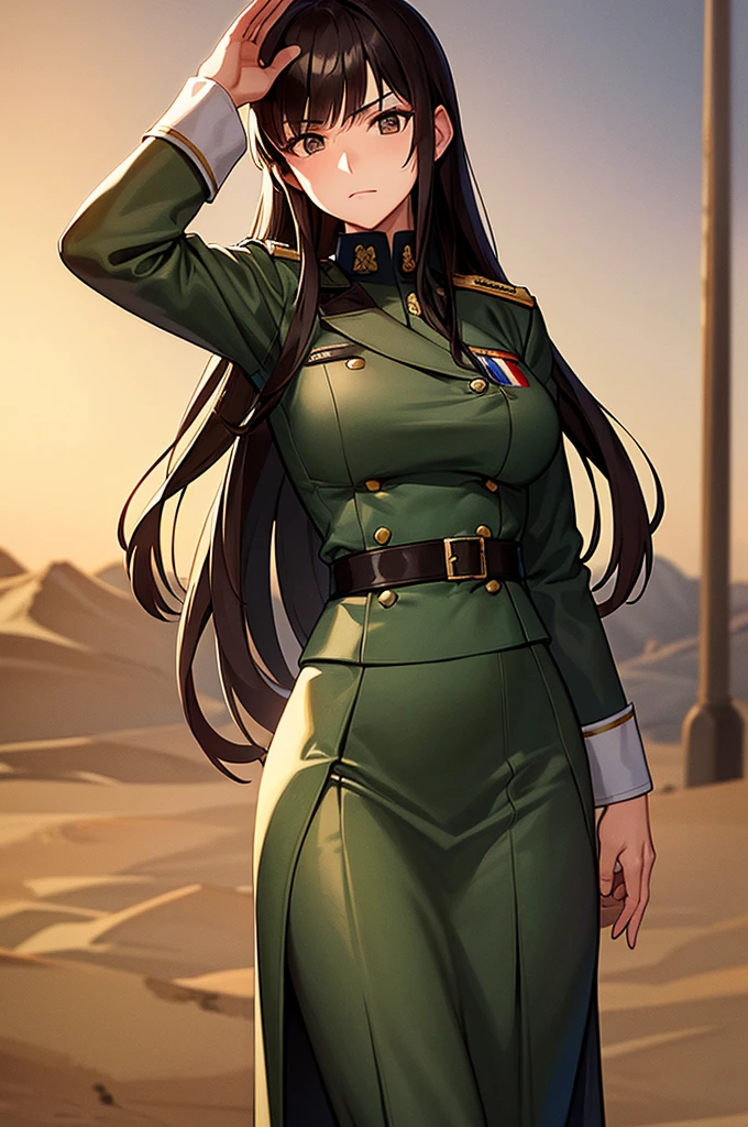 Content:
A black, adult female general with long brown hair and brown eyes. She has a mature face and is wearing a uniform loosely inspired by German military attire. She is saluting the camera with a confident and serious expression, her left hand behind her back.
Medium:
Digital art, anime illustration.
Style:
Pixiv contest winner, fine art, incorporating elements from historical military aesthetics and anime character design to emphasize a confident and mature look. Drawing style references from artists known for their strong, detailed character portrayals like Shigenori Soejima and Yoji Shinkawa.
Lighting:
Dramatic, with strong contrasts to highlight her authoritative presence and the details of her uniform. Subtle shadows add depth and realism, emphasizing her serious demeanor.
Colours:
A palette of military greens and browns, with subtle highlights to bring out the texture of the uniform and her facial features. The background is a desert setting, enhancing the military theme.
Composition:
A full-body shot, capturing her mature and confident demeanor. She stands tall and proud, with her right hand raised in a salute and her left hand behind her back. The desert landscape serves as the backdrop, reinforcing her military presence.