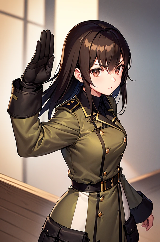 Content:
A black, adult female general with long brown hair and brown eyes. She has a mature face and is wearing a uniform loosely inspired by German military attire. She is saluting the camera with a confident and serious expression, her left hand behind her back.
Medium:
Digital art, anime illustration.
Style:
Pixiv contest winner, fine art, incorporating elements from historical military aesthetics and anime character design to emphasize a confident and mature look. Drawing style references from artists known for their strong, detailed character portrayals like Shigenori Soejima and Yoji Shinkawa.
Lighting:
Dramatic, with strong contrasts to highlight her authoritative presence and the details of her uniform. Subtle shadows add depth and realism, emphasizing her serious demeanor.
Colours:
A palette of military greens and browns, with subtle highlights to bring out the texture of the uniform and her facial features. The background is a desert setting, enhancing the military theme.
Composition:
A full-body shot, capturing her mature and confident demeanor. She stands tall and proud, with her right hand raised in a salute and her left hand behind her back. The desert landscape serves as the backdrop, reinforcing her military presence.