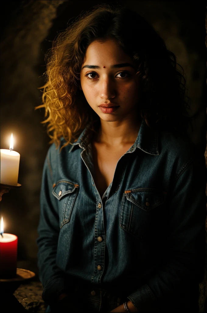 photograph of a Tamannaah Bhatia (troubled facial expression), textured skin, goosebumps, blonde afro hair, plaid flannel shirt with distressed boyfriend jeans, cowboy shot, dark and mysterious cave with unique rock formations and hidden wonders, perfect eyes, (candlelight,chiaroscuro), Porta 160 color, shot on ARRI ALEXA 65, bokeh, sharp focus on subject, shot by Don McCullin