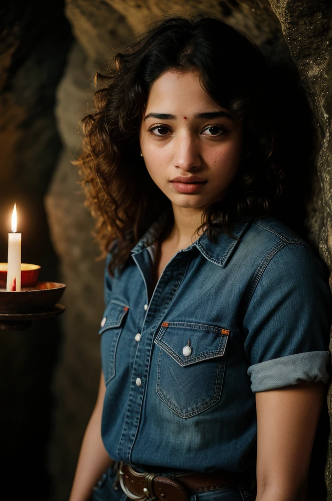 photograph of a Tamannaah Bhatia (troubled facial expression), textured skin, goosebumps, blonde afro hair, plaid flannel shirt with distressed boyfriend jeans, cowboy shot, dark and mysterious cave with unique rock formations and hidden wonders, perfect eyes, (candlelight,chiaroscuro), Porta 160 color, shot on ARRI ALEXA 65, bokeh, sharp focus on subject, shot by Don McCullin