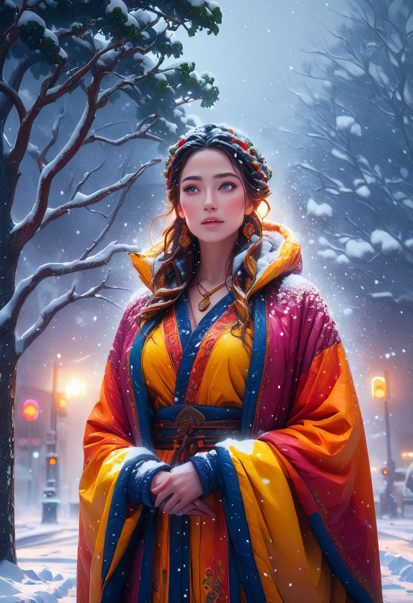 Highest quality, Super detailed, (Ultra-high resolution,8K), (In a blizzard:1.2), (Photorealistic), Bright lighting, Very Heavy Snow Colorful, Goddess-like beauty, Professional photography techniques, street tree