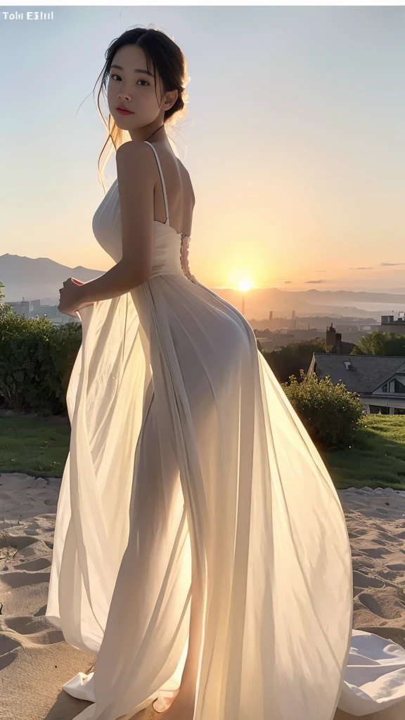 ((Best quality,High Detail,masterpiece:1.2)),(summer mountains,Sunset),(Backlight, See through body contours:1.3), 1 20-year-old girl, full-body shot:1.3,White dress dress,Clear facial features:1.5,standing solo, Elegant posture,Delicate face, White-skinned female,
