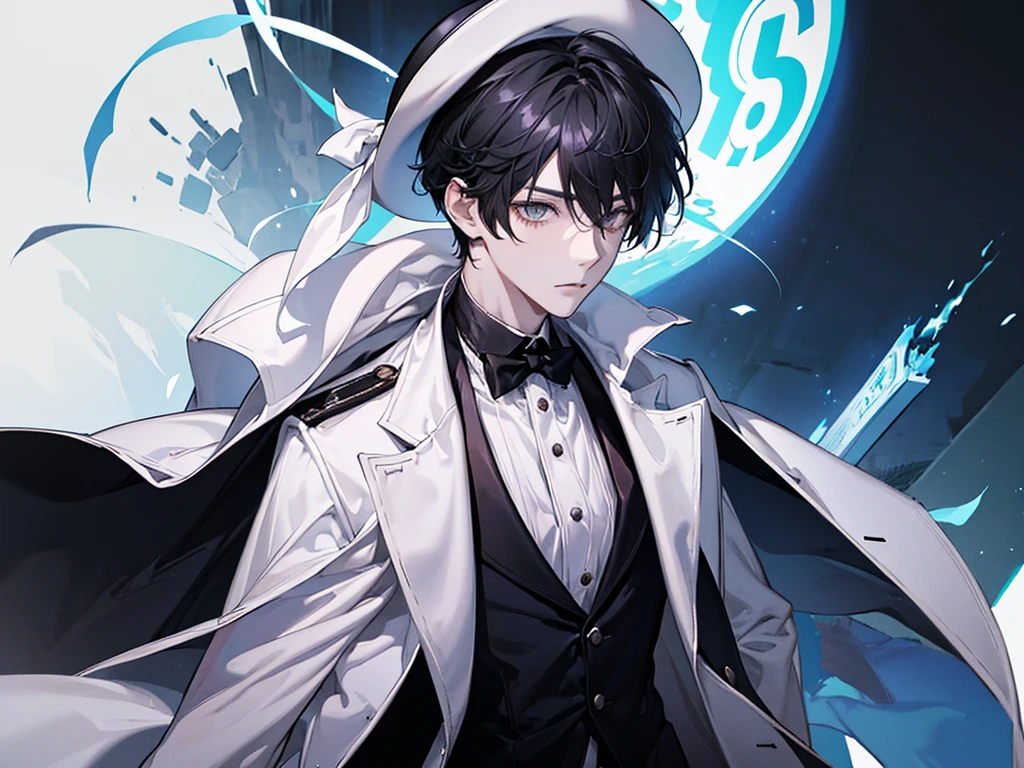 A boy,With a white hat, black hair, with a white coat and black t-shirt, white tie, time lord, masterpiece, handsome boy, cool baground