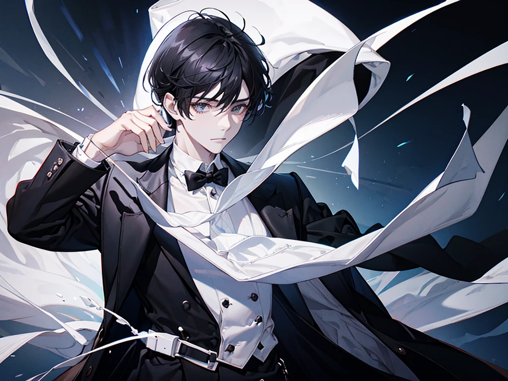 A boy,With a white hat, black hair, with a white coat and black t-shirt, white tie, time lord, masterpiece, handsome boy, cool baground