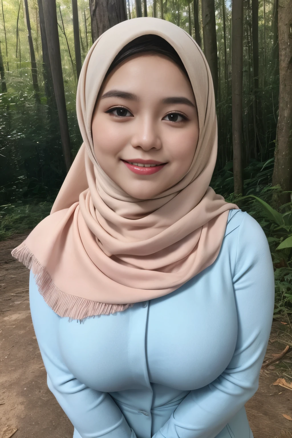 adorable, 1 girl, (face to face), 10 years old, baby face, happy, half body portrait, (face details: 1), (eye details: 1), ((big breasts)). wearing transparent softblue long shirt, hijab, .. Cute posed. proportional body. Ultra High Res. realistic: 1.4, UHD, (floral pattern)