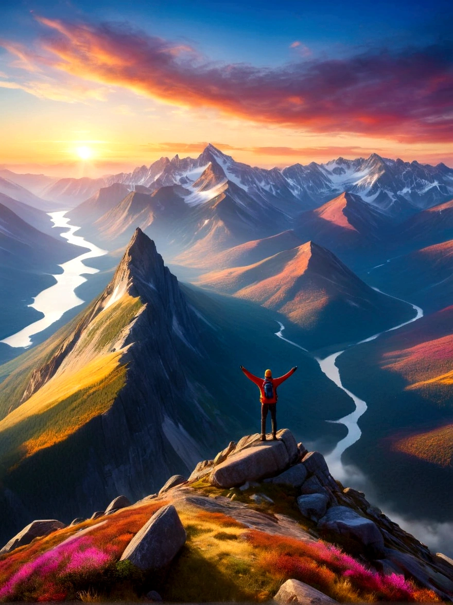 Illustrate a solitary figure atop a mountain peak during a glorious sunrise. The individual is seen with their arms stretched wide, embodying a sense of achievement and , echoing the magnificence of the natural landscape. The scene is flooded with bright, vibrant colors and the light of dawn creates dramatic shadows, enhancing the grandeur of the environment. The vantage point is similar to that offered by a wide-angle lens, providing a panoramic view of the vast wilderness, under the theme of adventure and exploration.