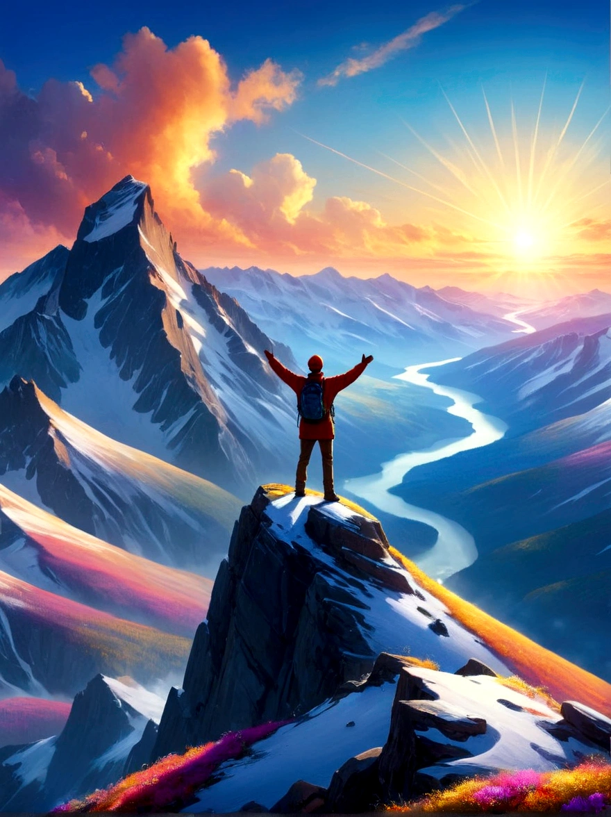 Illustrate a solitary figure atop a mountain peak during a glorious sunrise. The individual is seen with their arms stretched wide, embodying a sense of achievement and , echoing the magnificence of the natural landscape. The scene is flooded with bright, vibrant colors and the light of dawn creates dramatic shadows, enhancing the grandeur of the environment. The vantage point is similar to that offered by a wide-angle lens, providing a panoramic view of the vast wilderness, under the theme of adventure and exploration.