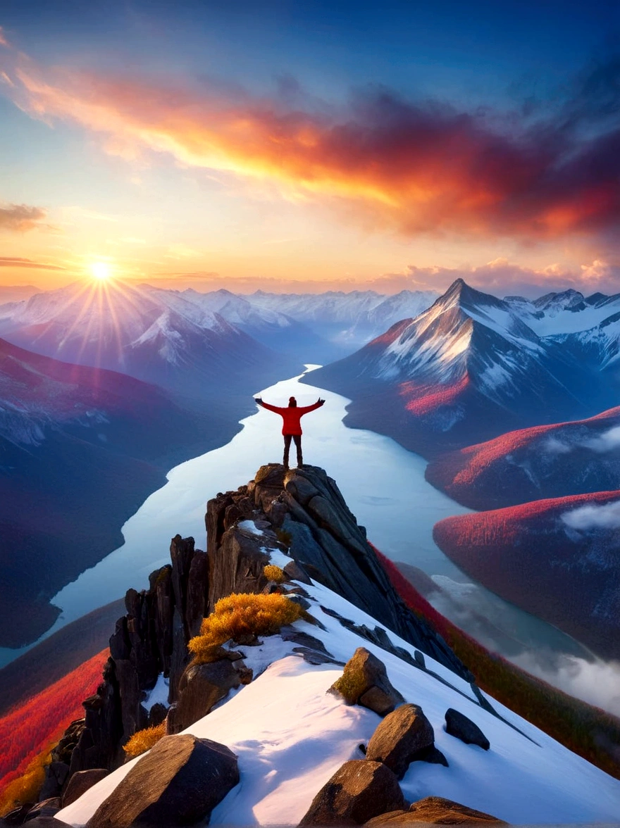 Illustrate a solitary figure atop a mountain peak during a glorious sunrise. The individual is seen with their arms stretched wide, embodying a sense of achievement and , echoing the magnificence of the natural landscape. The scene is flooded with bright, vibrant colors and the light of dawn creates dramatic shadows, enhancing the grandeur of the environment. The vantage point is similar to that offered by a wide-angle lens, providing a panoramic view of the vast wilderness, under the theme of adventure and exploration.