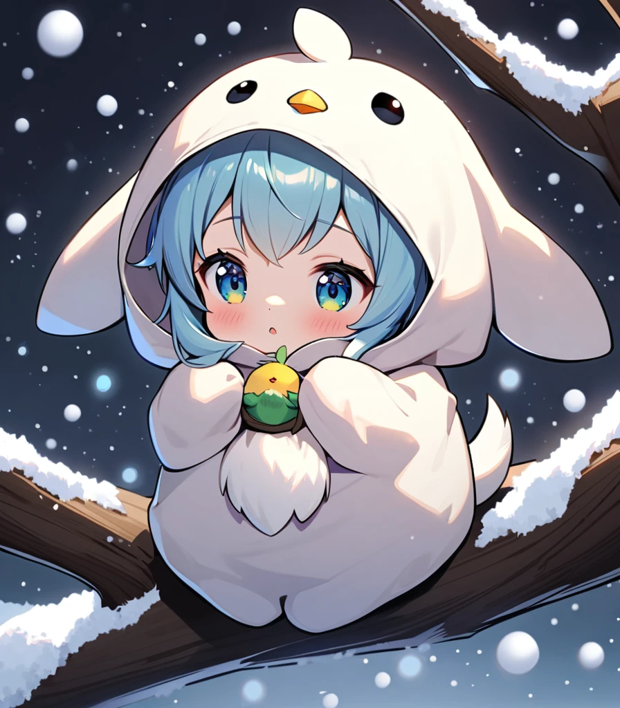 tween girl in white baby-bird kigurumi,there is a small white bird sitting on a branch, birb, kitty-bird hybrid, sentient bird, cute little creature, cute creature, anthropomorphic bird,Long-tailed-Tit, sparkling bird eyes, on a branch, the cutest creature in the world, cute animal, perched in a tree,winter,(snow:1.2),
