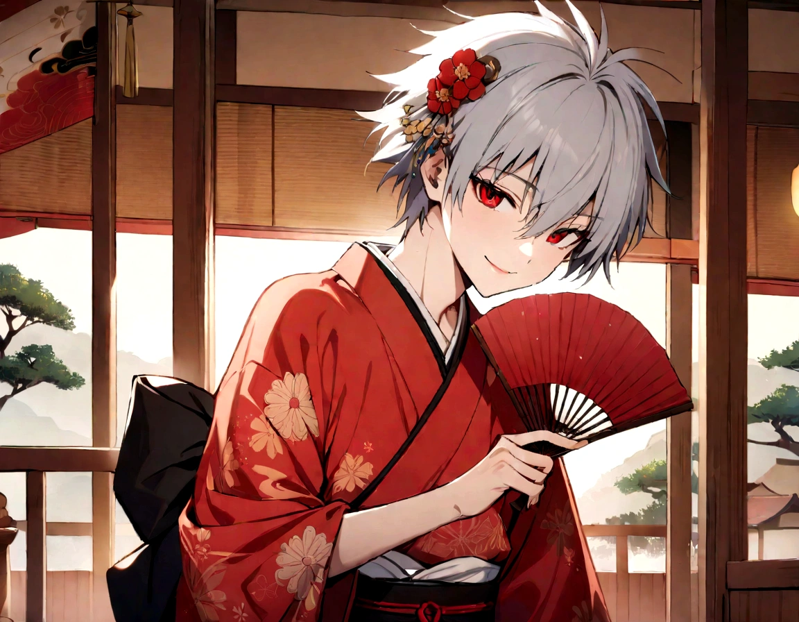masterpiece, best quality, kaworu nagisa, cute, hot, elegant, seductive, red eyes, 1boy, ancient japan background, boy wearing female kimono, red decorative kimono, hair accessories, holding fan, smiling sweetly