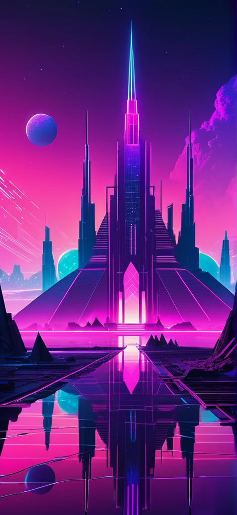 “Create a futuristic, neon-lit landscape with geometric structures and a reflective surface. Include towering spires and pyramids against a vibrant, colorful sky featuring a planet. The scene should have a cyberpunk aesthetic with purple and pink hues, and intricate, glowing patterns.”