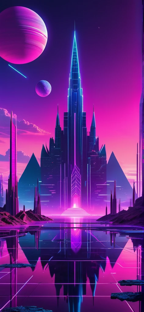 “Create a futuristic, neon-lit landscape with geometric structures and a reflective surface. Include towering spires and pyramids against a vibrant, colorful sky featuring a planet. The scene should have a cyberpunk aesthetic with purple and pink hues, and intricate, glowing patterns.”