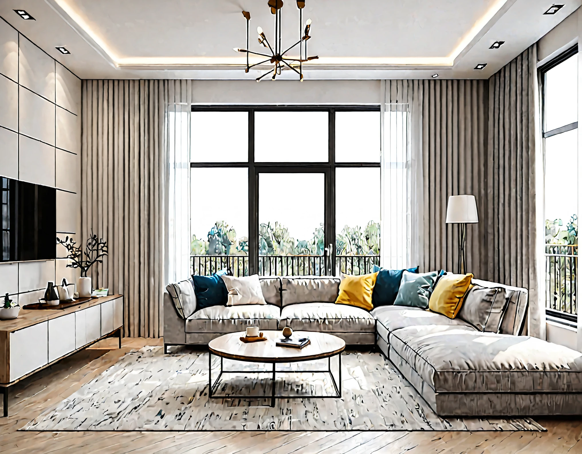 Nordic interior style, living room design renderings, daytime, sharp details