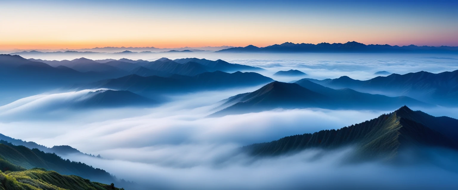 Mountain landscape in blue tones at sunrise time with sunrise as background. Mountain ranges in the distance are covered with fog and low clouds. Misty mountains mist., Mountains are like ink paintings, foggy valleys, foggy morning scenery, sea of clouds, morning light, peaceful and dreamy atmosphere, distant views，Super Depth of Field，Ultra wide angle，The intricacies of microfocal length lenses、High-detail shooting, delicate art, realistic and ultra-detailed digital art style