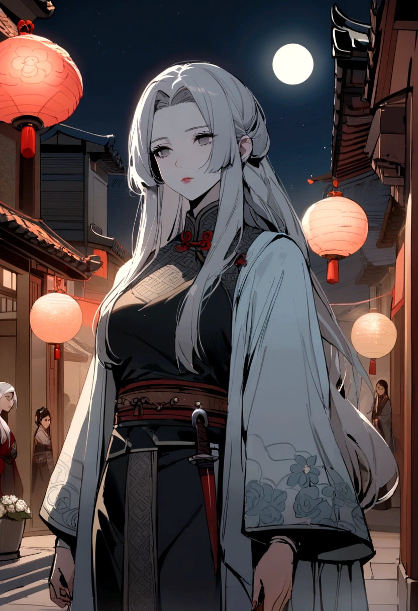 Masterpiece, Best, Night, Full Moon, 1 Female, Mature Woman, Chinese Style, Ancient China, Elder Sister, Royal Sister, Cold Face, Expressionless, Silver White Long Haired Woman, Pale Pink Lips, Calm, Intellectual, Three Belts, Gray Hitomi, assassin, dagger, flower ball background, street view
