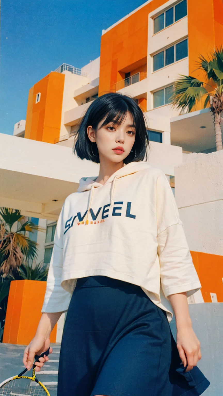 1 girl, beautiful, black bob hair, almond eye, no makeup, orange hoodie, ((oversize_tshirt)), peach tennis skirt in front of ((80's mondrian architecture colorful motel)),(from below:1.2), (realistic:1.1), (surreal:1.2), (very detailed:1.1), ((masterpiece)),summer, blue sky, palm trees,sunny, los angles vibes,