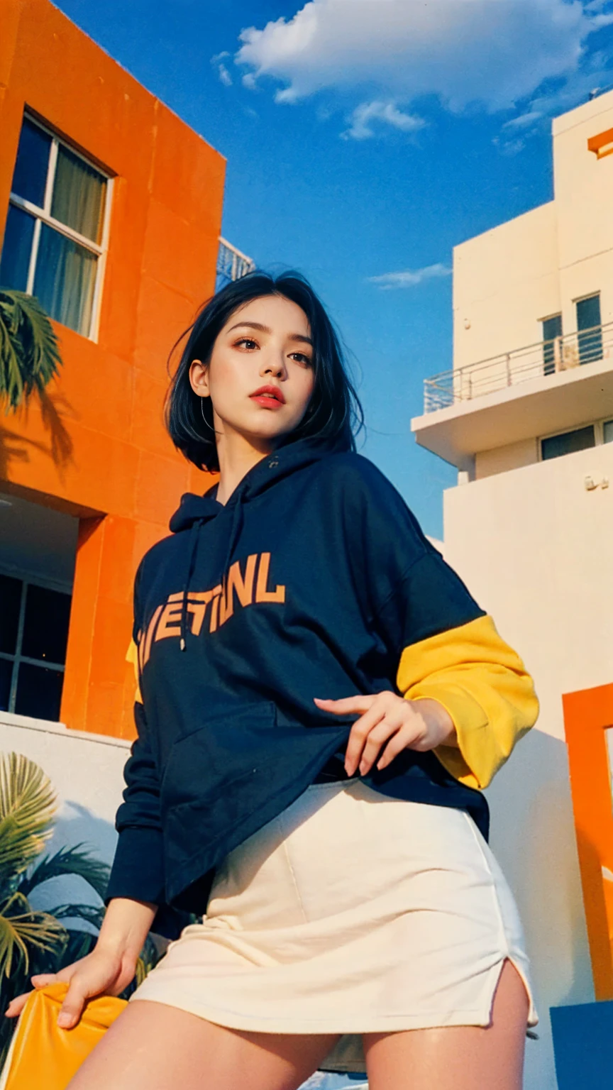 1 girl, beautiful, black bob hair, almond eye, no makeup, orange hoodie, ((oversize_tshirt)), peach tennis skirt in front of ((80's mondrian architecture colorful motel)),(from below:1.2), (realistic:1.1), (surreal:1.2), (very detailed:1.1), ((masterpiece)),summer, blue sky, palm trees,sunny, los angles vibes,