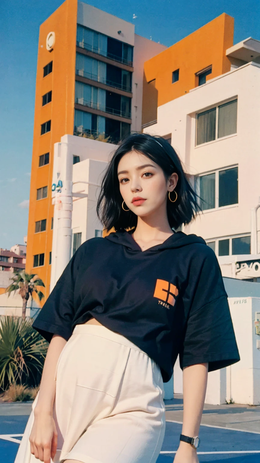 1 girl, beautiful, black bob hair, almond eye, no makeup, orange hoodie, ((oversize_tshirt)), peach tennis skirt in front of ((80's mondrian architecture colorful motel)),(from below:1.2), (realistic:1.1), (surreal:1.2), (very detailed:1.1), ((masterpiece)),summer, blue sky, palm trees,sunny, los angles vibes,