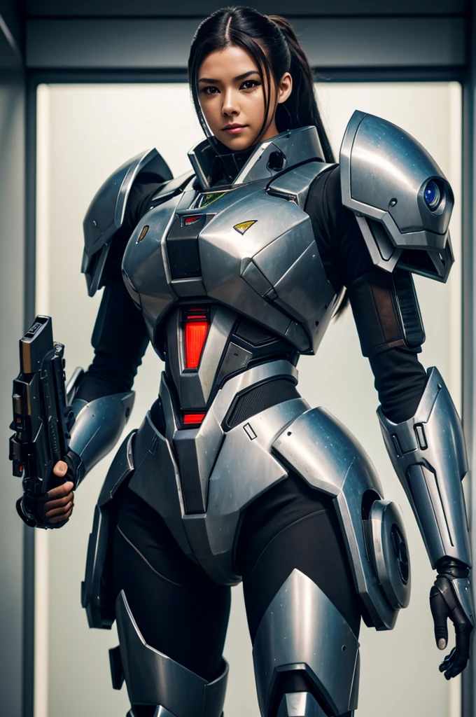 Close-up of a man in a suit holding a gun, girl in mecha cyber armor, cyberpunk anime girl mech, female mecha, Mechanized Valkyrie girl, High quality digital concept art, epic scifi character art, epic sci-fi character art, in the back big mecha  inspired by Zenyatta, overwatch, arasaka mech, android heroine，stand posture