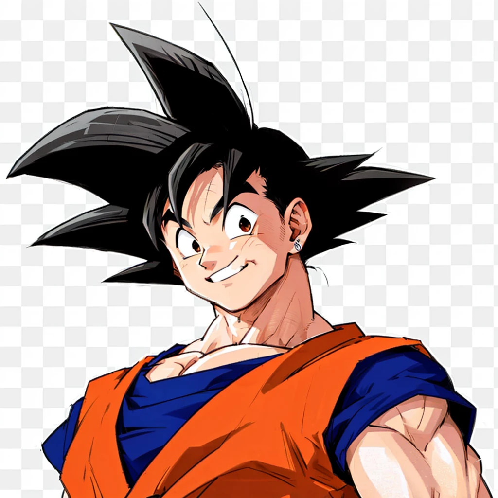 goku, black hair, smile, black eyes, orange clothes with blue edges, muscular