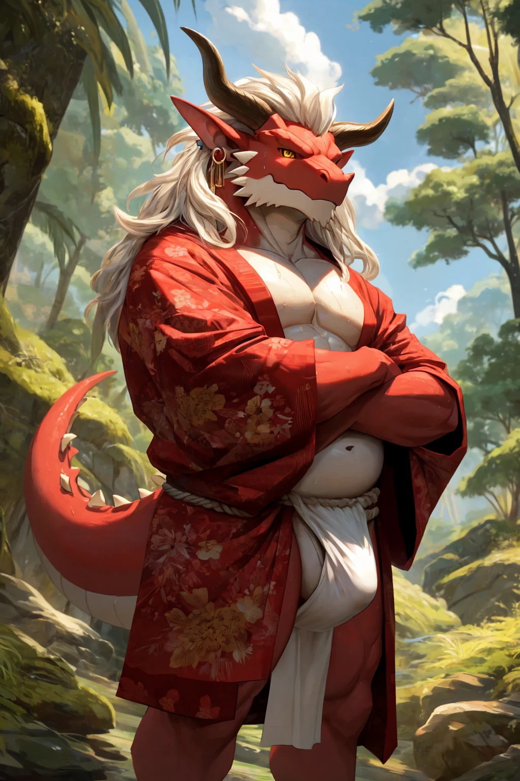 ultra-detailed, masterpiece, masterwork, high quality, best quality, hdr, (nature, japanese style), nsfw, male, solo, chibi, dragon, ((bare kimono, bulge fundoshi, white fundoshi)), (little red body minotaur), (white chubby body), (long golden hair, yellow eyes, cool eyes), standing, cross your arms, dynamic angle, earrings, sweat
