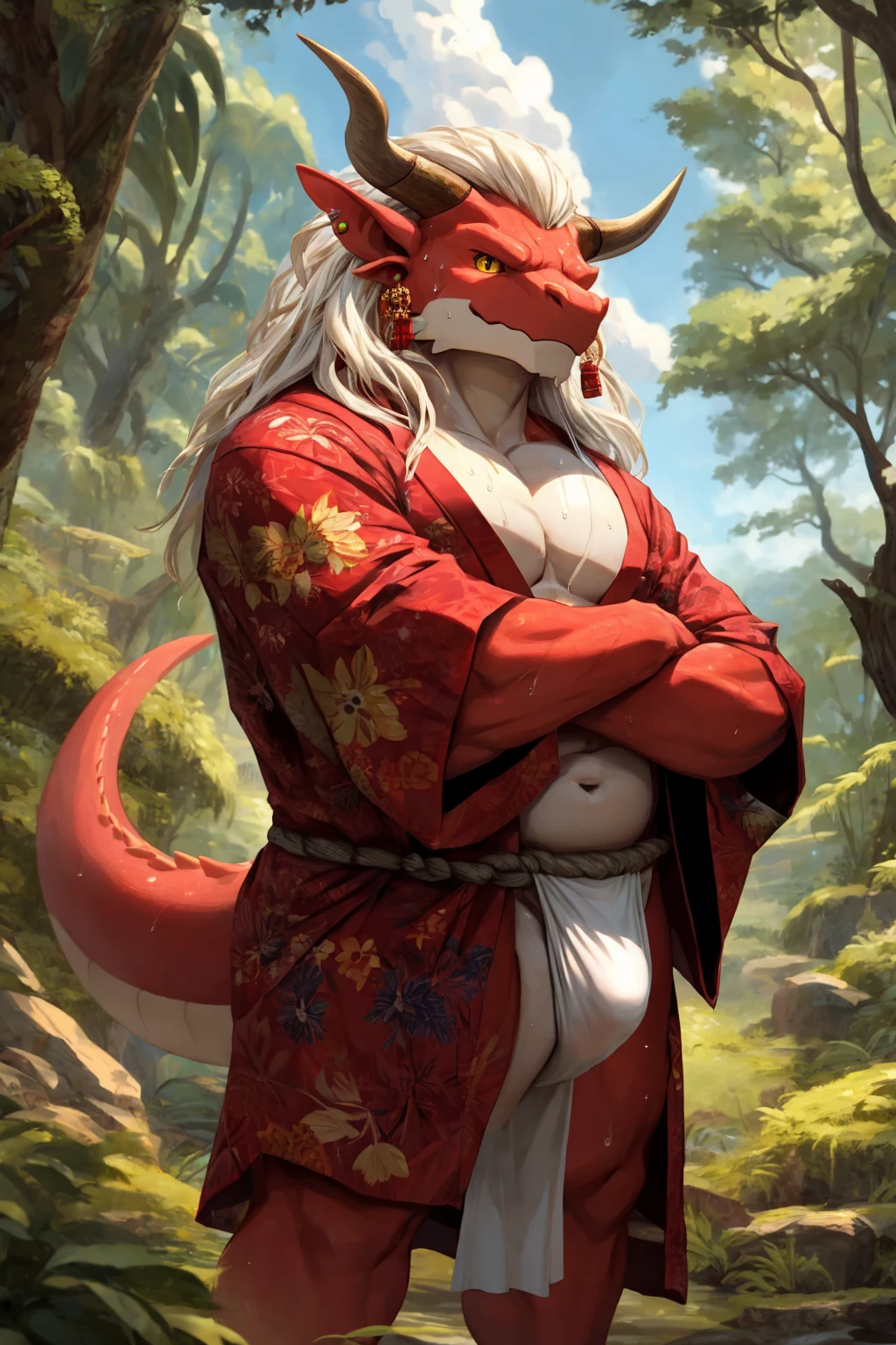 ultra-detailed, masterpiece, masterwork, high quality, best quality, hdr, (nature, japanese style), nsfw, male, solo, chibi, dragon, ((bare kimono, bulge fundoshi, white fundoshi)), (little red body minotaur), (white chubby body), (long golden hair, yellow eyes, cool eyes), standing, cross your arms, dynamic angle, earrings, sweat