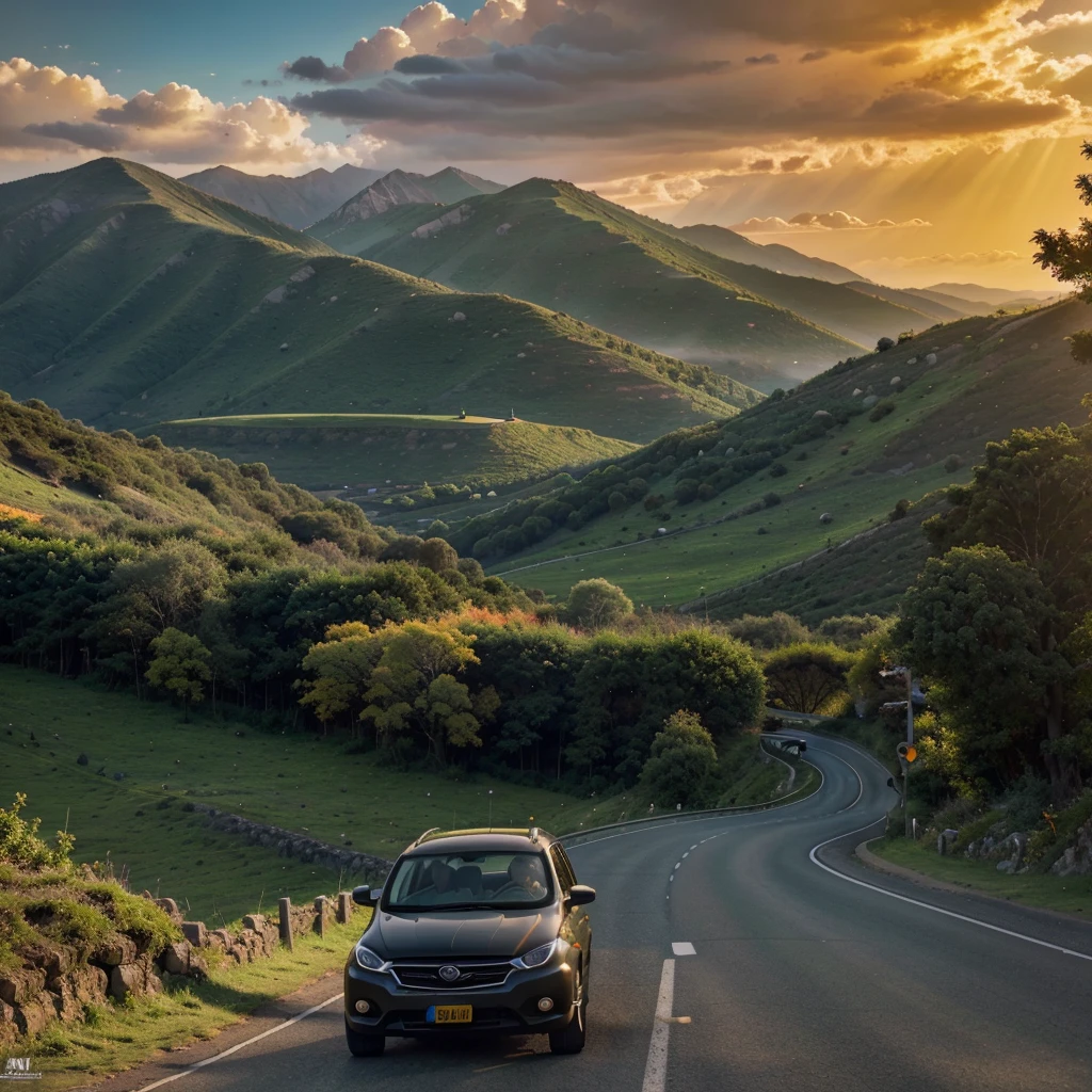 mountains,winding road,tata punch car,sunset,dramatic clouds,rolling hills,lush vegetation,vibrant colors,cinematic lighting,photorealistic,best quality,8k,highres,masterpiece,ultra-detailed,realistic,vivid colors,dramatic lighting
